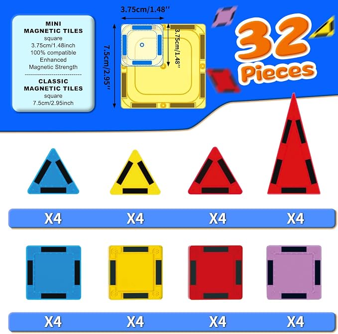 Mini Magnetic Tiles 32 Pcs, STEM Building Blocks Travel Toy for Kids | Encourages creativity, fine motor skills, and problem-solving through hands-on construction and imaginative play