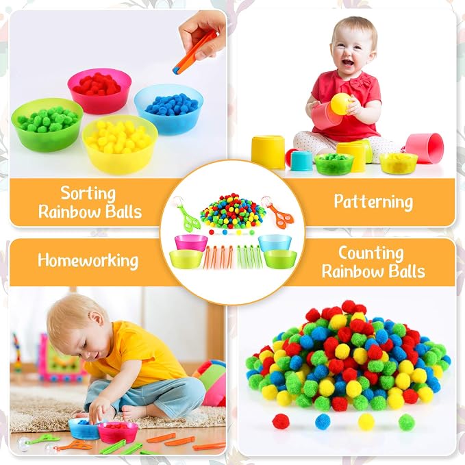 138 Pcs Fine Motor Skills Toys for Early Sensory Education Color Sorting Matching Counting Training, for Ages over 3 Including 8 Sorting Bowls 2 Scissors Clip 8 Tweezers and 120 Colorful Plush Balls