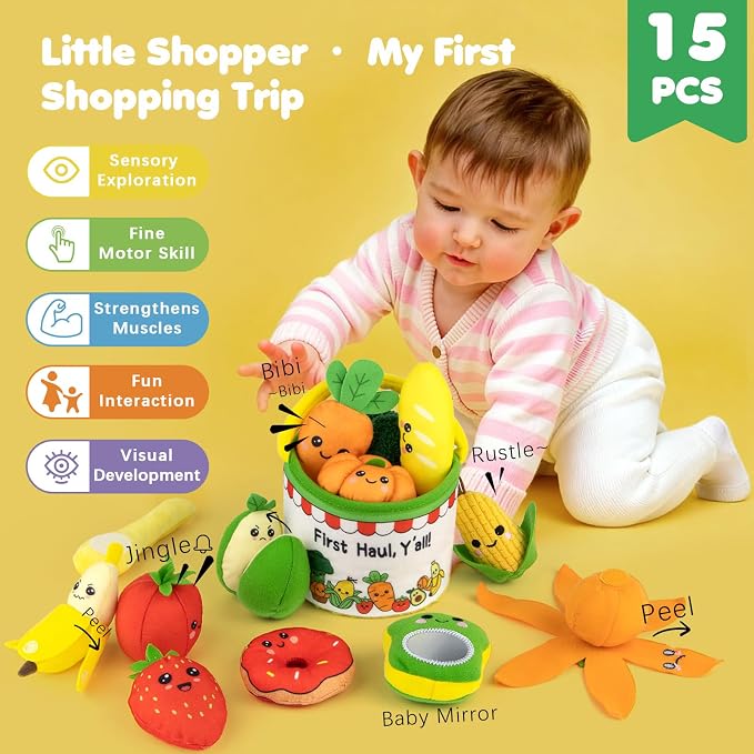 Montessori Sensory Toy for 1 Year Old, Fruit Vegetable Learning Sensory Toy | Color Sorting Play Food Set with Crinkle & Rattle, Fine Motor Skills Toy, Gift for 1 2 3 Year Old Boys & Girls