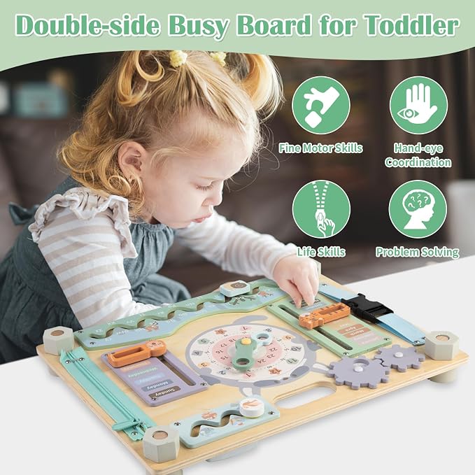 Double-Sided Wooden Busy Board for Toddlers, Sensory Activity Board, Montessori Travel Toy for Kids, Educational Toy for Autism, Ideal Choice for Baby Girls or Boys Birthday | Educational Learning Toy Wooden for Kids Aging 3 to 5 Years Old, Ideal Choic...