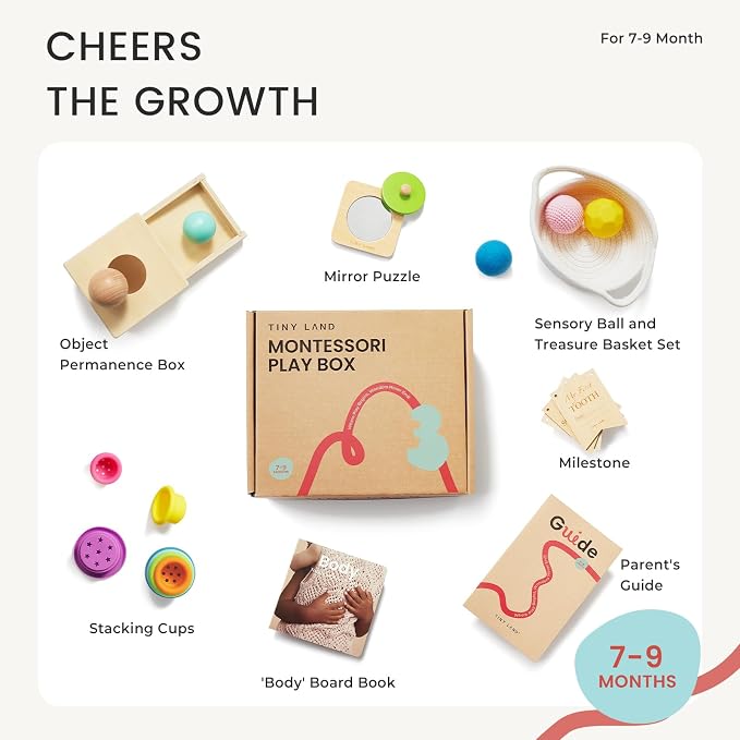 Tiny Land Montessori Toy Set for Babies 7-9 Months Senser Play Kit - 5-in-1 Wooden Learning Toys with Object Permanence Box, Sensory Ball, Stacking Cups and Mirror Puzzle,Body Board Book | Object permanence box, sensory ball, stacking cups, mirror puzz...