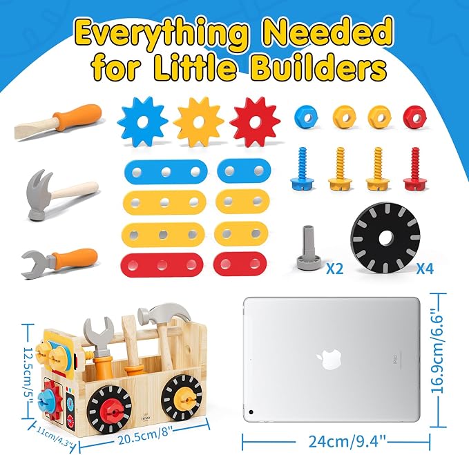Lehoo Castle Montessori Kids Tool Set, Wooden Toddler Tool Set for Ages 2-4 | STEM Pretend Play Tool Box, Construction Toddler Tool Bench, Educational Learning Toys for 2 3 4 Year Old Boys Birthday Girls