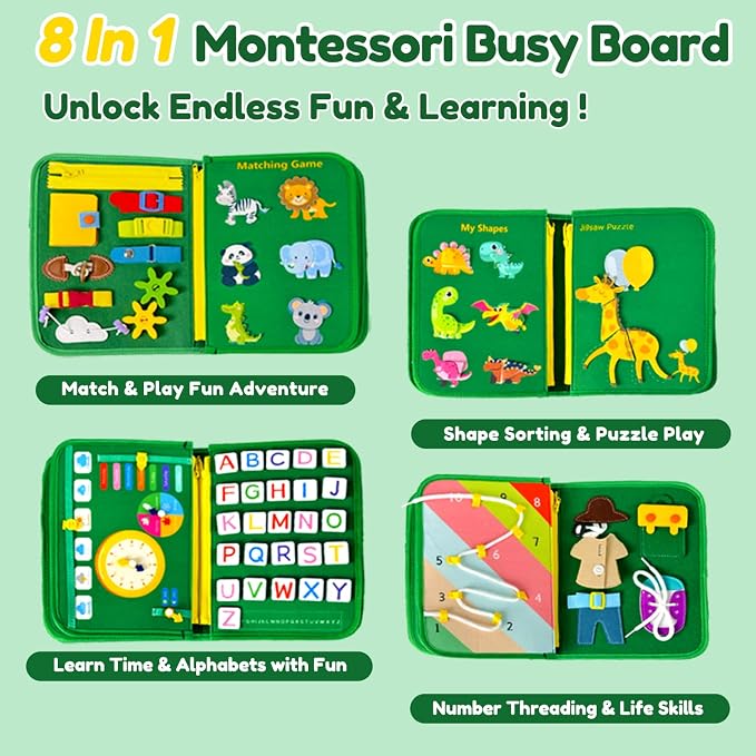 Toddler Busy Board Montessori Toys – Sensory Busy Book, Educational Learning Travel Toy for Airplane & Car, Keeps Toddlers Engaged, Birthday Gifts for Toddler Boys Girls