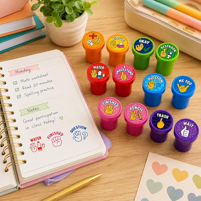 Cinrobiye 24 Pcs Hand Signal Stampers for Kids, Cute Classroom Communication Stamps, Teacher Tools, Classroom Rewards, Behavior Management, Party Favors, Goodie Bag Fillers, Small Toys