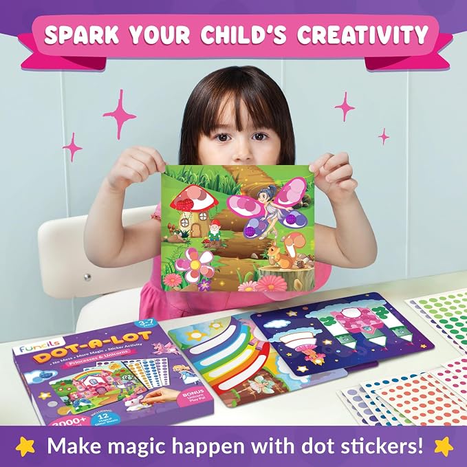 Dot Art Activity - Unicorn & Princess Sticker Kit, Toys for 3 Year Old Girl | Toddler Art & Craft Supplies for Kids, Birthday Gifts for Boys & Girls Ages 3, 4, 5, 6, 7 Year Old - Travel Toys for Airplane