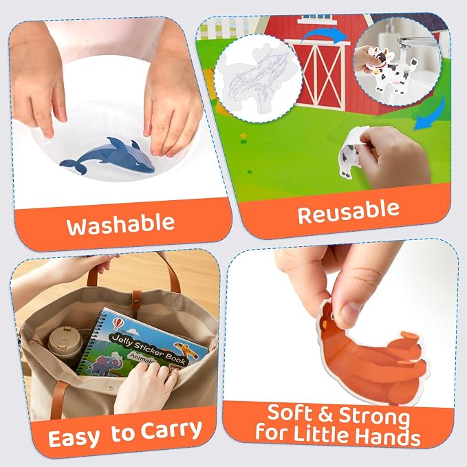 Reusable Sticker Book for Toddlers - Animals, 50 Washable Jelly Stickers | 8 Play Scenes, Animals Sticker Activity Book for Kids, Road Trip Travel Toys, Birthday Gift & Stocking Stuffer