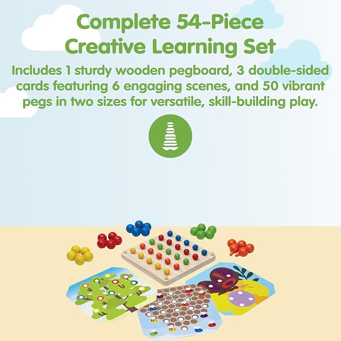 PlanToys® Creative Peg Board Wooden Toy for Kids Ages 3+ Montessori Set | pegs, holes, pattern blocks, colorful pieces, girls, boys, imaginative fine motor hand-eye coordination gift preschool set