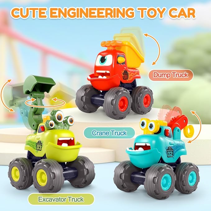 Toy Cars for 1-3 Year Old, 3 PCS Construction Monster Truck, Toddler Toy | Baby Toys 12-18 Months, Kids Toy, Christmas & Birthday Gifts, Pull Back Car with Big Wheel, Crane Truck Dump Excavator