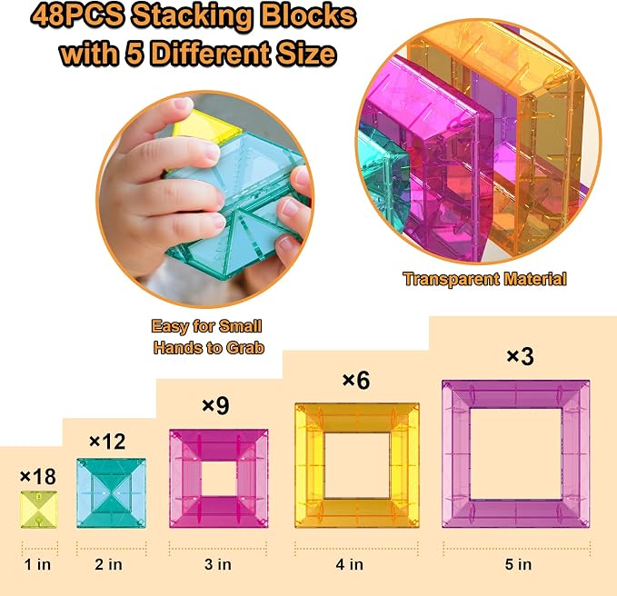 Building Blocks 48 PCS Stacking Toys for Kids 3 4 5 6 Years Old | Preschool Learning Activities for Toddlers 3-4 Years, STEM Educational Learning Toys Gifts for Boys Girls