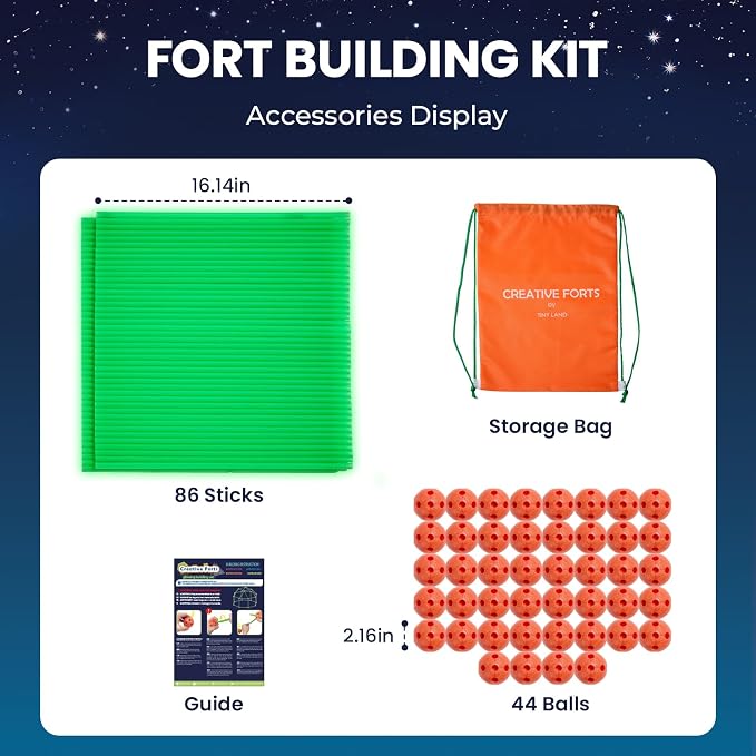 Tiny Land Glow Fort Building Kit for Kids Ages 4-12, STEM Building Toy | 86 Glow-in-the-Dark Rods & 44 Balls, Builds Forts, Tunnels & Castles, Indoor/Outdoor Play, Storage Bag, STEM Gift for Kids