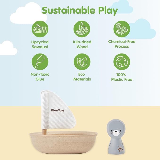 PlanToys® Wooden Sailing Boat Toy with Seal, Kids Bath Time Water Play Toy | wooden sailing boat with seal, bath time water play, floating imaginative toy, gentle sensory exploration, kids toddlers play