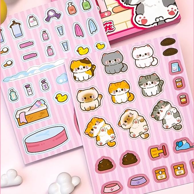Cat Theme DIY Pre-Cut Sticker Quiet Book with 6 Pages of Background Scenes, Reusable Pretend Play Activity Book for Girls Birthday Gift, Pink