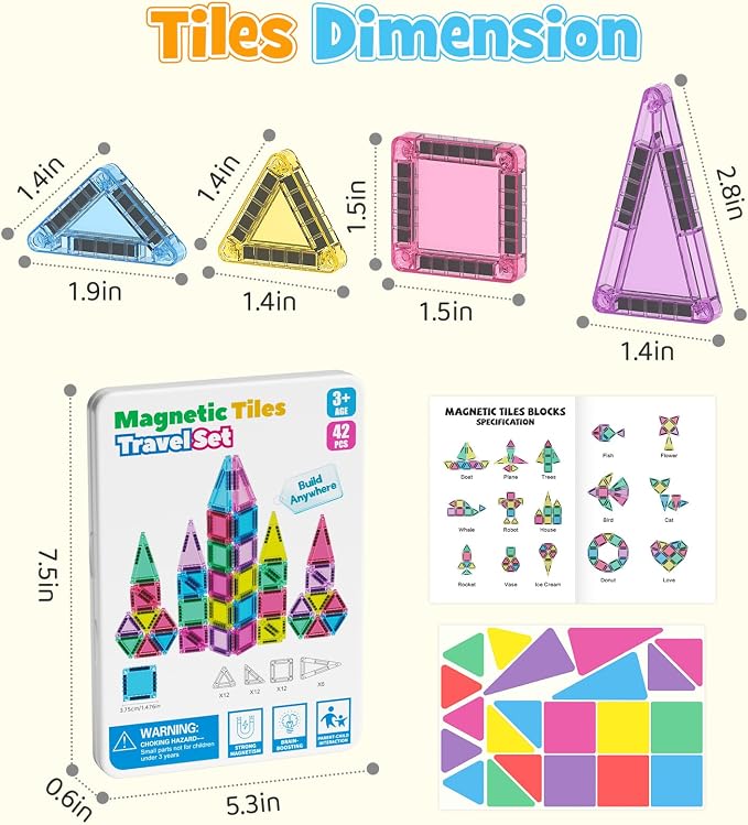 42PCS Mini Magnetic Tiles Travel Set with Iron Storage Box - Portable STEM Building Blocks for Kids 3-8, Montessori Educational Magnet Toys for Airplane, Car Rides & On-The-Go Play | Portable Montessori educational magnetic building tiles for airplane,...