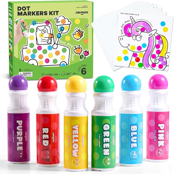 Jar Melo Washable Dot Markers for Toddlers, 6 Colors, Large 60ML | Dot Paints with 120+ Printed Coloring PDF & 10 Activity Papers, Non-Toxic Bingo Markers for Kids Arts and Crafts Gifts