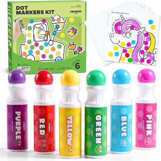 Jar Melo Washable Dot Markers for Toddlers, 6 Colors, Large 60ML | Dot Paints with 120+ Printed Coloring PDF & 10 Activity Papers, Non-Toxic Bingo Markers for Kids Arts and Crafts Gifts