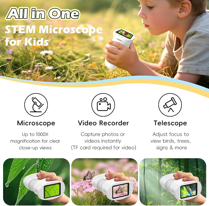 Alotwan Kids Microscope Handheld, Digital 1000X Zoom Pocket Microscope | HD Camera Photo/Video Recording, Educational Science Kit, STEM Toys for Boys & Girls 3-8 Years, Birthday & Christmas Gift