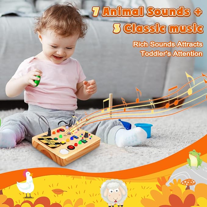 TINTECUSA Busy Board with LED Light, Wooden Sensory Toys for Toddler, Montessori Music Toy for Airplane, Travel Activity Educational Learning Autism Toys, Birthday Boys Girls Gifts