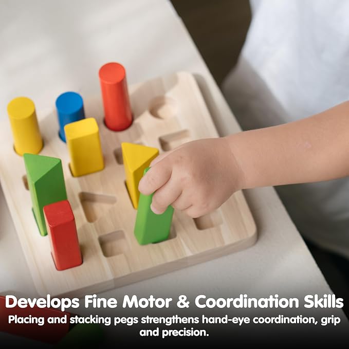 PlanToys® Geometric Peg Board Wooden Shape Sorting Toy for Kids Ages 2+ | wooden geometric peg board, shape sorting stacking, montessori STEM toy, fine motor color learning coordination, kids ages 2+