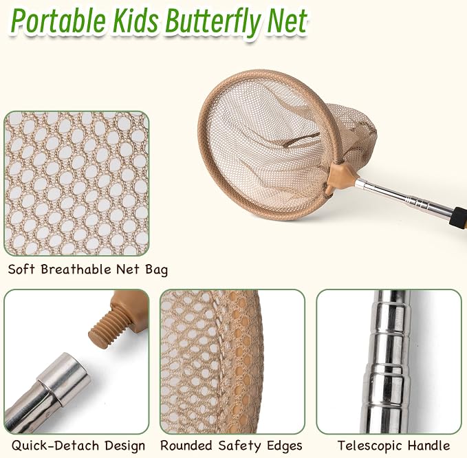 Bug Catching Kit for Kids Ages 3-14, 11PCS Wooden Nature Explorer Set with Butterfly Net, Bug Habitat, Magnifying Glass and Outdoor Insect Tools, Catch-and-Release STEM Educational Toy Gift
