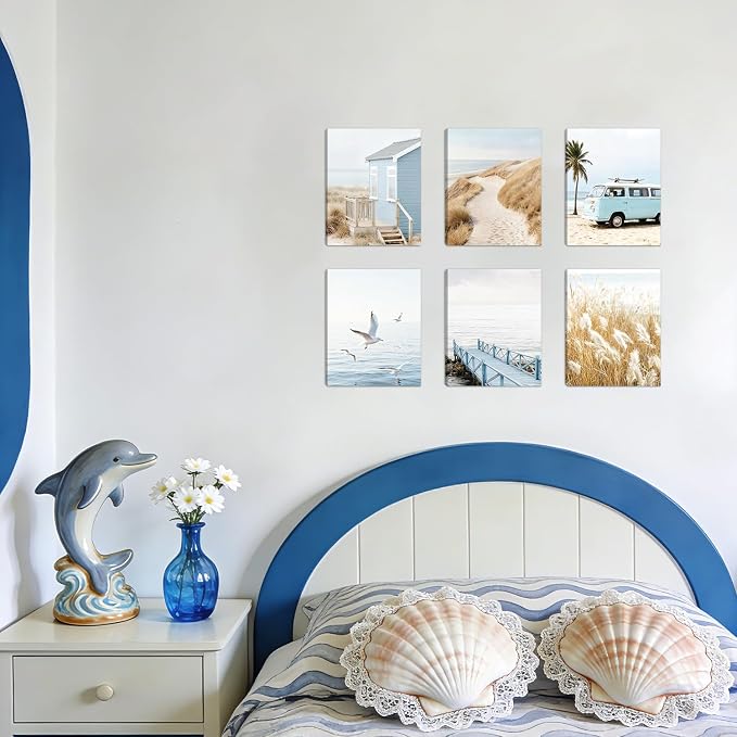 HOURIA Framed Beach Coastal Canvas Wall Art,(Set of 6,8”x10”) Neutral Beach Pampas Grass Seascape Wall Art, Blue Beach House Decor, Seagulls Van Summer Tropical Beachy Decorations