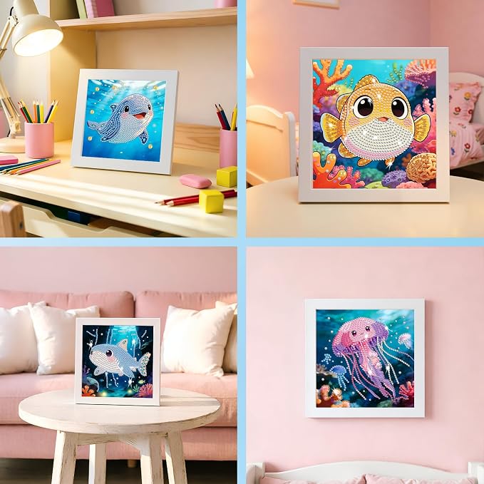 DOZEEZOP 12-Pack Small Diamond Art Kits for Kids 6-12, Water-Animals 7"x7" | 5D Diamond Painting, Partial Round & Special Drills, Desktop & Wall Decor, Beginner DIY Craft, Stress Relief Gift