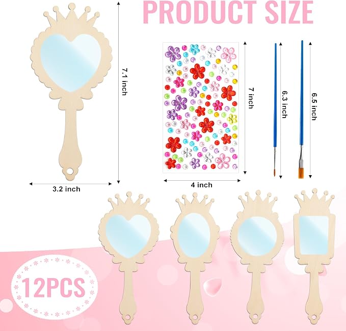 24Pcs Wooden Princess Mirror Craft Party Favors for Kids DIY Decorate | Hand Mirror, For Girls Art Activities