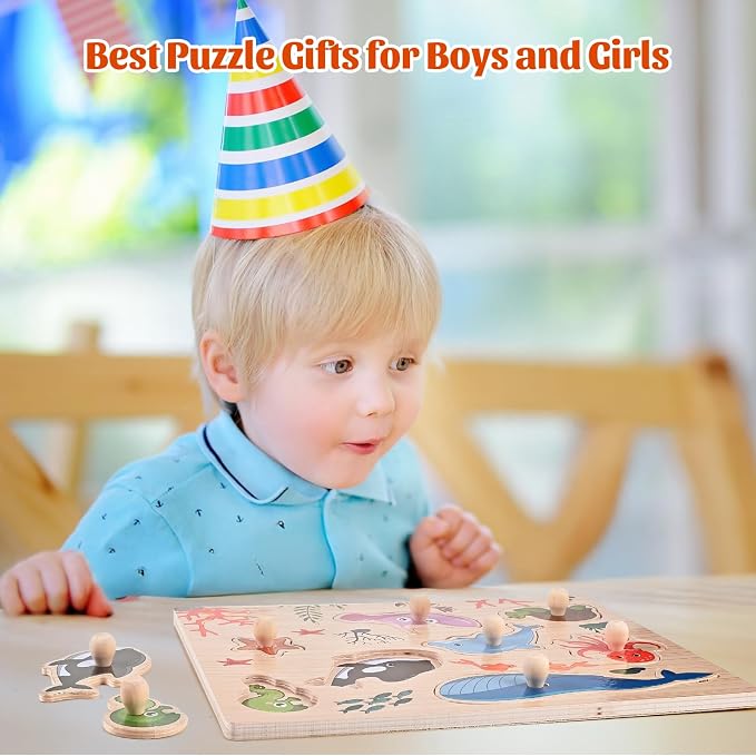 Wooden Peg Puzzles for Toddlers 1-3, 2 Pcs Montessori Puzzles, Upgraded Animal & Sea Themes Puzzles, Great Preschool Educational Learning Gifts for Girls and Boys
