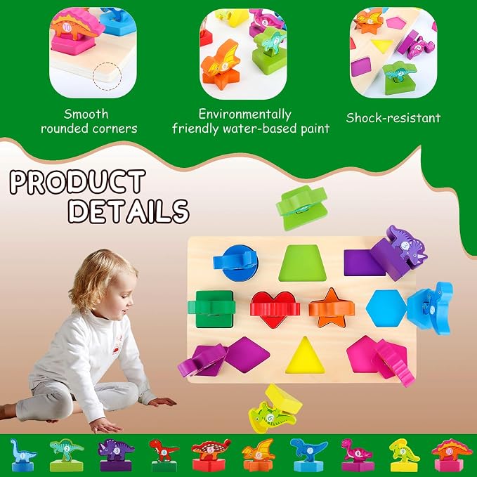 Scuwtocn Dinosaur Shape Puzzle Wooden Montessori Toys for 2 Years Old | Educational Learning Toy for Toddlers 1-3 Years, Color Recognition Wooden Blocks with Numbers