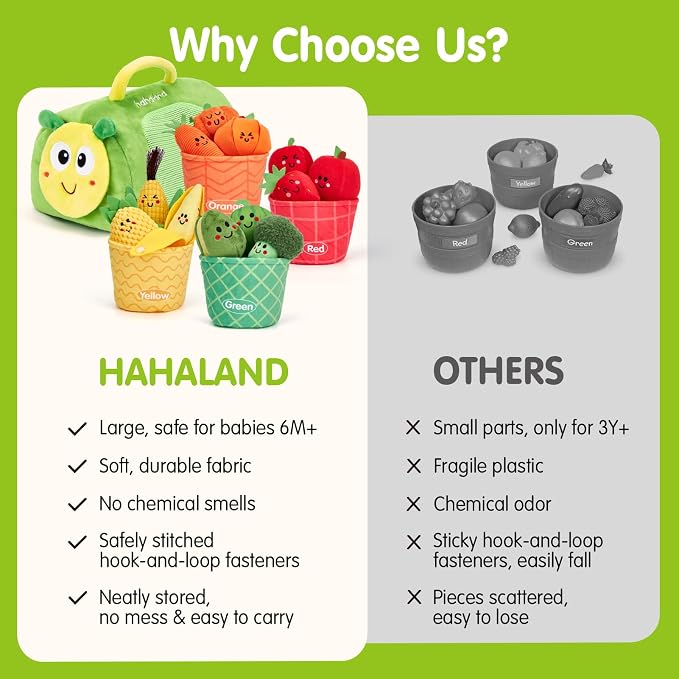 hahaland Montessori Toys for 1 Year Old - Baby Fruit Vegetable 6-12 Months | 17 PCs Sensory Toys Color Sorting Plush Play Food with Caterpillar Bag, 9 10 12 Month Old Toy 1st One Year Old Birthday Gifts