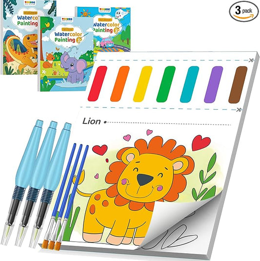 TECJOE 3 Pack Paint with Water Coloring Books for Toddlers, Mess Free Watercolor Painting Set with 6 Brushes, Travel Art Craft Toys Birthday Gifts for Kids Ages 3-8, Traffic, Forest & Dinosaur | Thick Watercolor Paper With 6 Brushes, Mess Free Travel A...