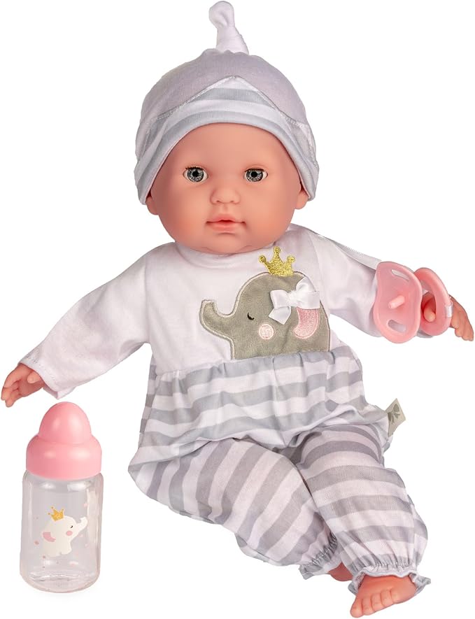15" Realistic Soft Body Baby Doll with Open/Close Eyes | JC Toys - Berenguer Boutique | Bottle & Pacifier | Grey | Ages 2+