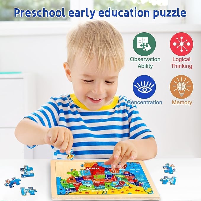 Wooden Puzzles for Toddlers 3-5,6 in 1 Jigsaw Wooden Solar System Puzzles for Ages 4-6,Preschool Educational Brain Toys Birthday Gifts for Boys and Girls 2 4 3 5 Year Old（World Map）
