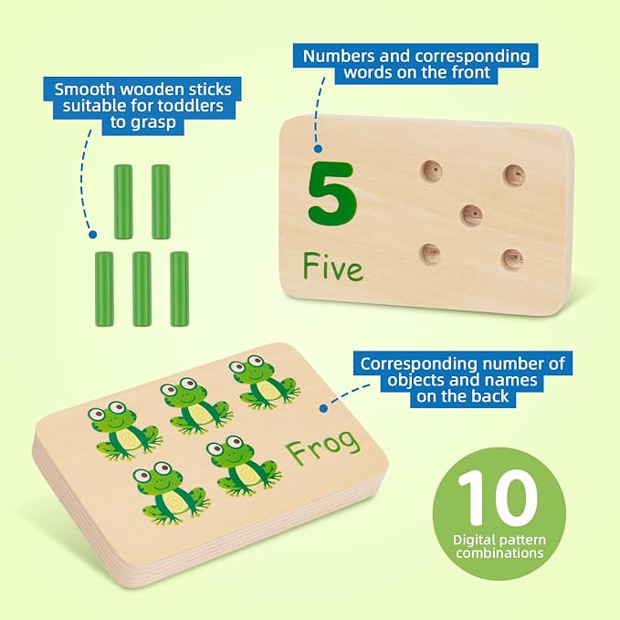 TOOKYLAND Peg Board Toddler Toys, Counting Wooden Toys with 55 Pegs | Wooden Math Manipulatives, Montessori Math and Numbers for Kids & Kindergarten Learning Activities