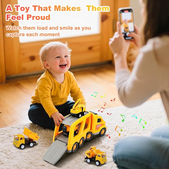 Construction Truck Toys for Toddler 3-4: 5-in-1 Vehicles with Sound Lights | 13 inch Big Carrier 4 Mini Truck - Great for Little Boys Daily Repeat Play - Ideal Christmas Birthday Gifts for Boy Grandkids