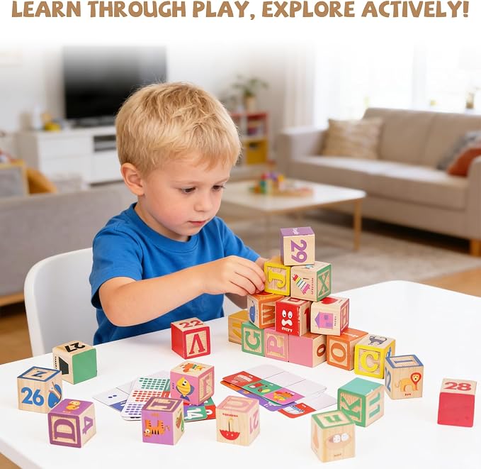 Wooden ABC Building Blocks for Toddlers,30 PCS Montessori Alphabet & Number Learning Toy with Matching Cards, Preschool Educational Toy for Stacking, Counting, Sensory Play, Gifts for Kids Boys Girls