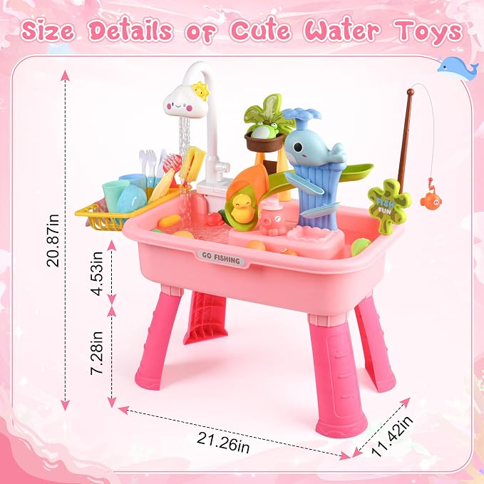 Upgraded 4-in-1 Sand Water Table for Toddlers 1-3, Kids Sensory Table with Electric Water Pump & Cloud Faucet, Play Kitchen Sink with Food Accessories, Fishing Toy ‒ Adjustable Height (Pink)
