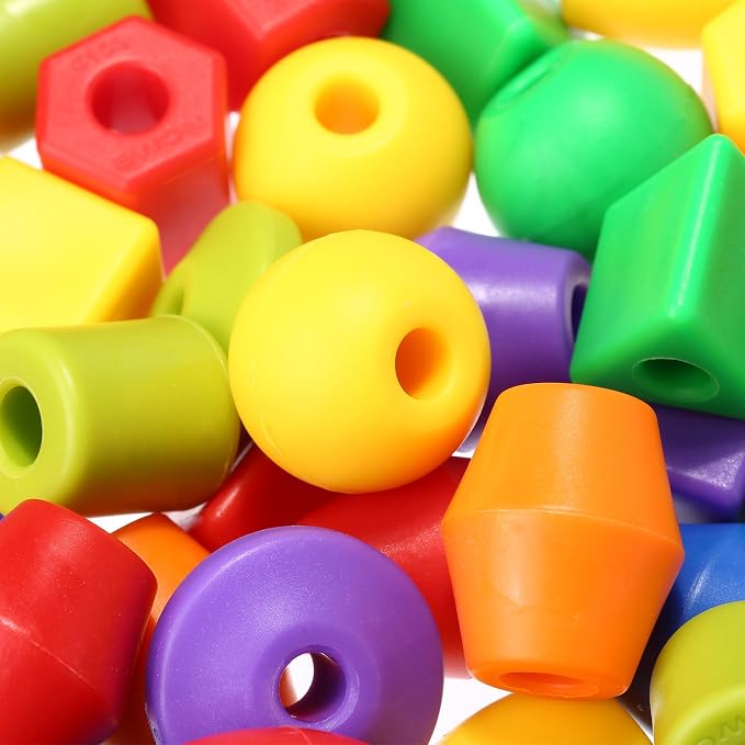 TOODOO Plastic Lacing Beads with 100 Beads and 10 Colorful Strings, String Bead Set for Toddlers Preschool Learning Educational Occupational Autism Hand-Eye Coordination & Color Sorting Toys for Kids