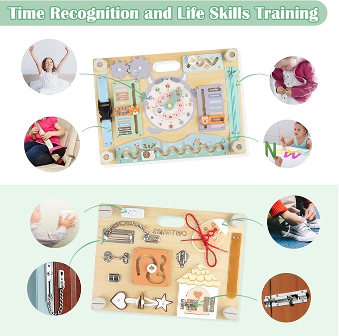 Double-Sided Wooden Busy Board for Toddlers, Sensory Activity Board, Montessori Travel Toy for Kids, Educational Toy for Autism, Ideal Choice for Baby Girls or Boys Birthday | Educational Learning Toy Wooden for Kids Aging 3 to 5 Years Old, Ideal Choic...