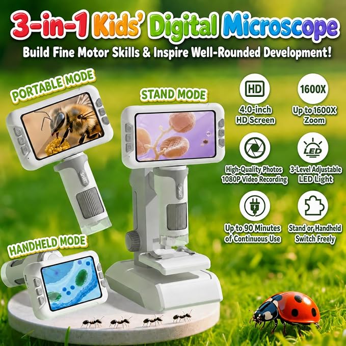 1600X Microscope for Kids, 4K 4.0" Digital Screen Kids Microscopes with Slides Kit, Handheld Microscope, Science Kits for Kids, STEM Toys for Christmas Birthday Gifts for 3-14 Girls Boys Child (Green)