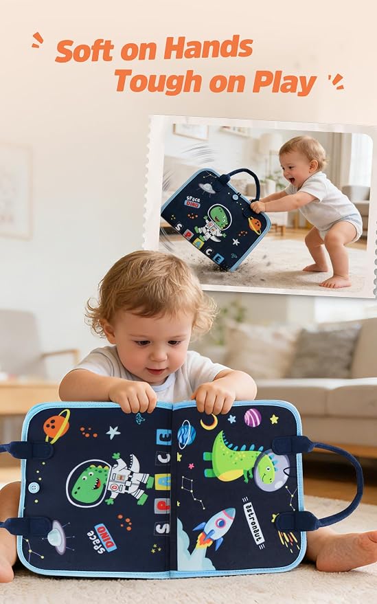 Toddler Busy Board Montessori Toys for 1-3 Year Old, Dinosaur Busy Book | Fine Motor Skills Sensory Toy with 23 Activities, Travel Toys for Airplane Car, Blue Gift for Boys Girls