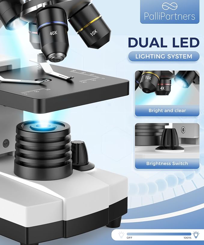 PalliPartners Compound Microscope for Adults & Students, White | 100X-2000X High-Power, Biological Microscope, School Lab & Home Education, with Slides Set & Phone Adapter