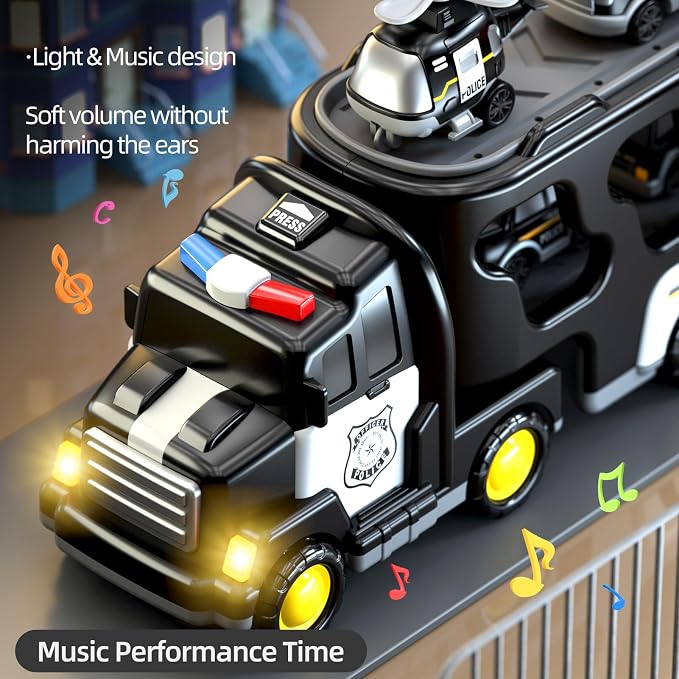 Beby Buty 5 in 1 Police Trucks Cars Toys for Toddlers 3-5, Boy Toddler Car Truck Toys with Light Sound, Birthday Gifts Toys for 3 4 5 6 Year Old Boy, Transport Carrier Truck for Toddlers 3-5 Years