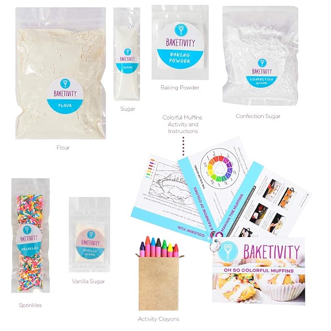 Baketivity Confetti Muffins Kids Baking Kit with Pre-Measured Ingredients | DIY Activity Kit Featuring Easy Recipe, Rainbow Lessons, Coloring Activity Gift Idea for Boys and Girls Ages 6-12