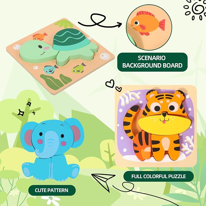 Wooden Puzzles for 2-4, 6 Pack Animal Shape Puzzle Montessori Toys for 2 3 4 Year Old, Educational Learning Toys for Girls Boys