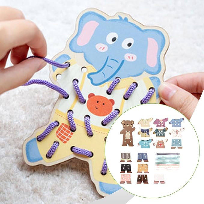 Lacing Threading Toy Wood Lacing Threading Toy for Children with Sturdy Strings and Clothing Pieces for Fine Motor Skills Hand Eye