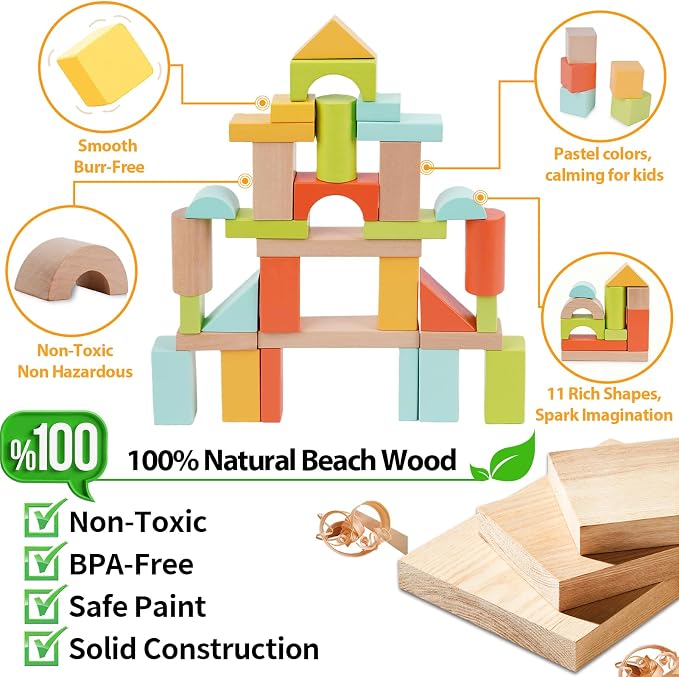 FCSONU Wooden Building Blocks for Toddlers 1-3, 100Pcs Kids Wood Blocks Set | Wooden Blocks for Toddlers 3-5, Montessori Building Toys&Stacking Toys, Easter Christmas 1st Birthday Gifts for Boy Girl Baby