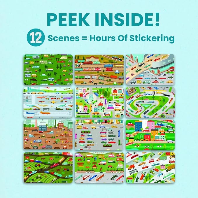 Cupkin Cars, Trucks, Planes & Trains Coloring & Sticker Book, 500+ Stickers | Spiral-bound kids craft format with 12 scenes, 12 art pages, side-by-side viewing, and an easy-peel design for ages 2–8