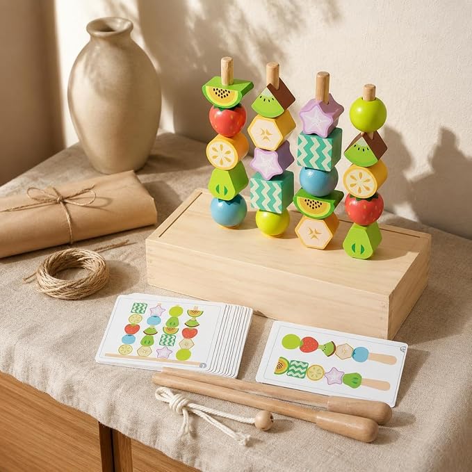 Children Learning Beads Wooden Fruit Themed Threading Blocks with Lacing String Pattern Cards Storage Box for Sequencing Shape Recognition Suitable for Classroom playroom