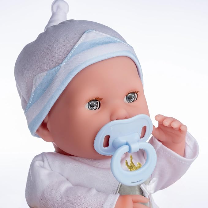 15" Realistic Soft Body Baby Doll with Open/Close Eyes | JC Toys - Berenguer Boutique | 10 Piece Gift Set with Bottle, Rattle, Pacifier & Accessories | Blue | Ages 2+