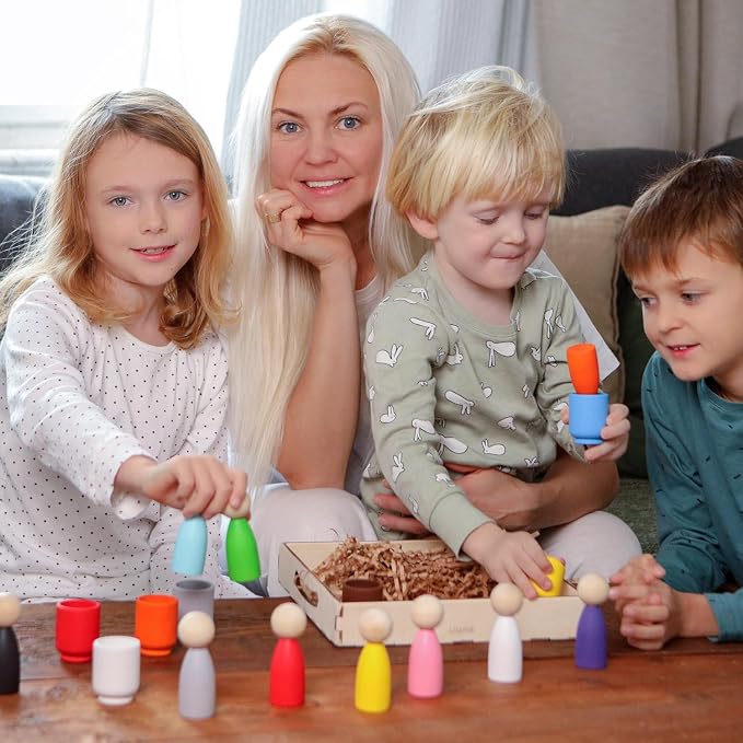 Ulanik Peg Dolls in Cups Montessori Toys for 1 Year Old | Open-ended wooden sorting set; 12 clear colors; cups and birch tray for easy storage